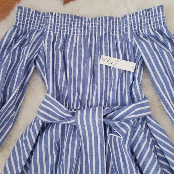 NWT Eliza J Blue Striped Off Shoulder Dress Sz. 10 - Picture 3 of 4